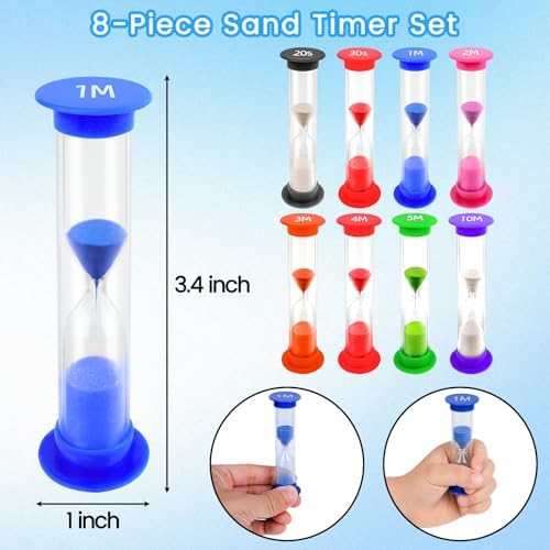 3 otters Multi-Time Sand Timer Set, 8PCS Colorful Hourglass Timers for Classroom 20sec/30sec/1min/2min/3min/4min/5min/10min for Brushing Teeth Cooking Office Timing Task (Pack of 2)
