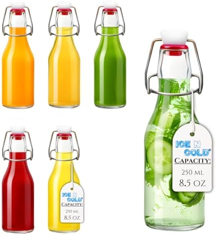 ICE N COLD Glass Swing Top Bottles | Flip Top Glass Bottles for Limoncello, Syrups, Oils, Vinegar, Extracts & Beverages | Airtight Reusable Glass Bottles (6-Pack, MEDIUM (250ml | 8.5oz))