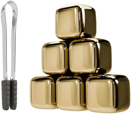 ShanSon Wine Chillers Metal Ice Cube 6 PCS Stainless Steel Whiskey Stones Reusable Whiskey Rocks Beverage Chilling Stones for Scotch and Bourbon Drinking Gifts Set for Men Dad Husband,Gold