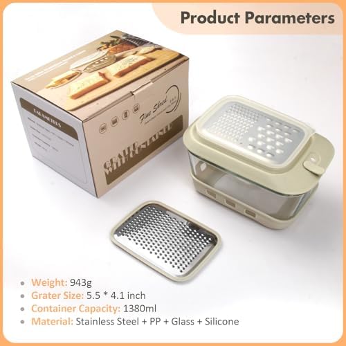 Glass Cheese Grater with Container, 46OZ Airtight Cheese Grater Bowl with Lid, Non-Slip Silicone Base, BPA-Free, Dishwasher & Freezer Safe for Cheese, Butter and Chocolate