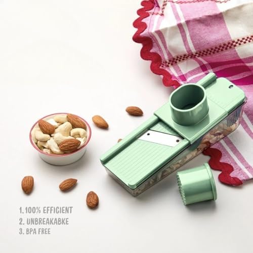 Plastic Dry Fruit & Vegetable Slicer with Storage Box | Sharp Stainless Steel Blade | Manual Cutter for Almonds, Cashews, Carrots, Cucumbers & More | Compact & Easy-to-Use (Green)