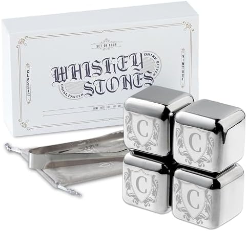 Whiskey Stones Gifts Set with Initial for Men & Women, 4pcs Stainless Steel Whiskey Rocks with Pouch and Tong, Chilling Ice Cubes Initial Gifts for Whiskey Lovers, Dad, Mom, Grandpa, Uncle - C