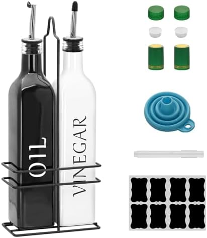Farmhouse Oil and Vinegar Dispenser Set, 17 oz, beautiful olive oil dispenser, includes a black steel rack and a funnel, vintage cruets for vinegar and oil (Black Oil & White Vinegar)