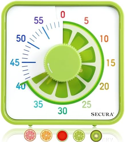 Secura 7.5-Inch Fruit Visual Timer for Kids, 60-Minute Countdown Timer for Classroom or Kitchen, Durable Mechanical Timer Clock with Magnetic Backing (Lemon)