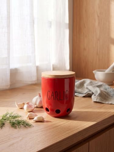 Ceramic Garlic Saver Container with Wood Lid (Red)