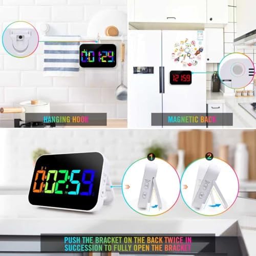 Kitchen Timer for Cooking, Rechargeable Digital Magnetic Timer with Large LED Display, Loud Alarm, Sound Countdown, 4 Volume Levels and 3 Brightness for Classroom, Study (RGB)