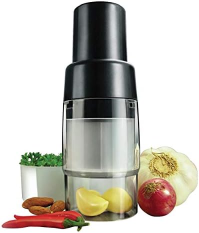 Mini Chopper | Compact Manual Food Chopper Cutter Mincer for Garlic Nuts Ginger Herbs Parsley Chili Peppers Mushroom | Sharp Stainless Steel Blades | Self-Contained Base to Hold & Chop Food