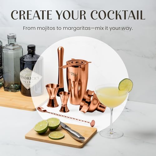 Mixology & Craft Rustic Cocktail Shaker Set – Includes Wood Stand, Complete Barware Kit with 24 Oz Shaker, Dual Jiggers, Pourers, Muddler, Strainer – Perfect for Home Bartenders (Copper)