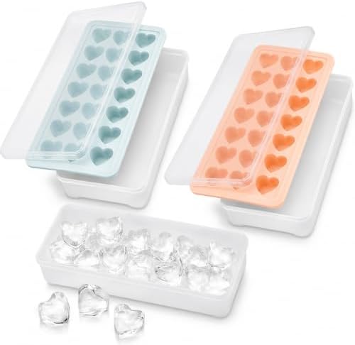 2 Pack Heart Shpaed Ice Cube Trays with Lids, 42 Holes Silicone Heart Ice Cube Molds for Whiskey, Cocktail, Fun Shapes Ice Cubes, Chocolate, Candle, Candy, Jelly, Jello - with Lids Bins