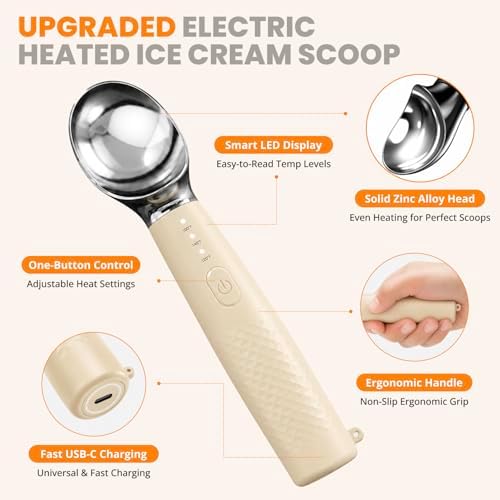 Heated Ice Cream Scoop, Rechargeable Electric Scoop with 3 Temp Levels