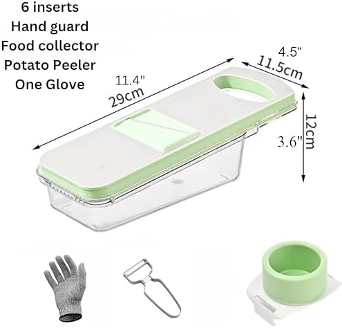 Multipurpose Compact Kitchen Mandoline Vegetable Slicer, Cutter, Cabbage Shredder, Cheese Shredder, with Container. Includes a Cut Resistant Glove & Super Sharp Potato Peeler. Stainless Steel Surface.