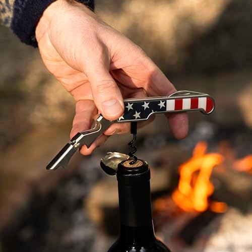 Foster & Rye American Flag Double Hinged Waiters Corkscrew Wine Opener, Stainless Steel with Sharp Foil Cutter for Travel, Outdoor Use, Gifts for Men, Home Bar, Kitchen, Set of 1