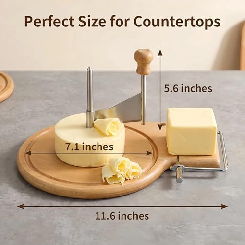 2-in-1 Cheese Slicer, Cheese Board with Curler and Wire Slicer, Thick Beech Wood Cheese Serving Board Set with Stainless Steel Blade, Countertop Girolle Cheese Shaver for Entertaining, 11.6 Inch