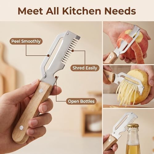 3in1 Multifunctional Vegetable Peelers for Kitchen, Zero Snag Stainless Steel Shredder and Peeler with Wooden Handle & Bottle Opener -2PCS