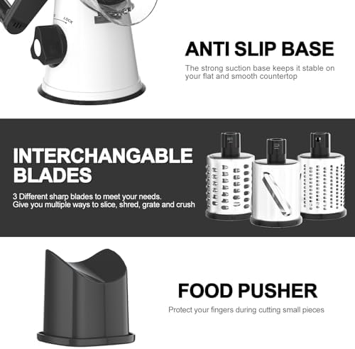 Cambom Rotary Cheese Grater Hand Crank Cheese Shredder for Fresh Cheese, Vegetable, Nuts,Non-slip Suction Base, Three Blades, Black White
