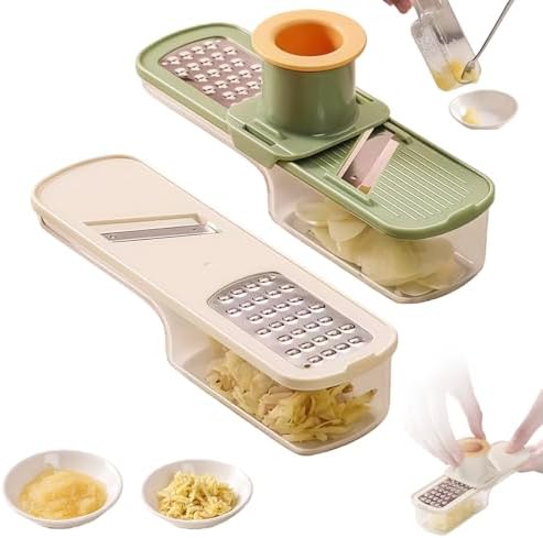 Mini Garlic Grinder, Multifunctional Garlics Grinder & Mandoline Slicer, 3-In-1 Garlic Slicer Veggie Shredder With Container, Hand Guard, For Can Grind, Slice And Shred (Beige+Green)
