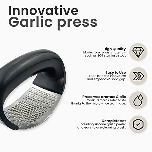 Cuisinly Garlic Press - Stainless Steel Rocker Chopper & Crusher - Free Silicone Garlic Peeler & Cleaning Brush