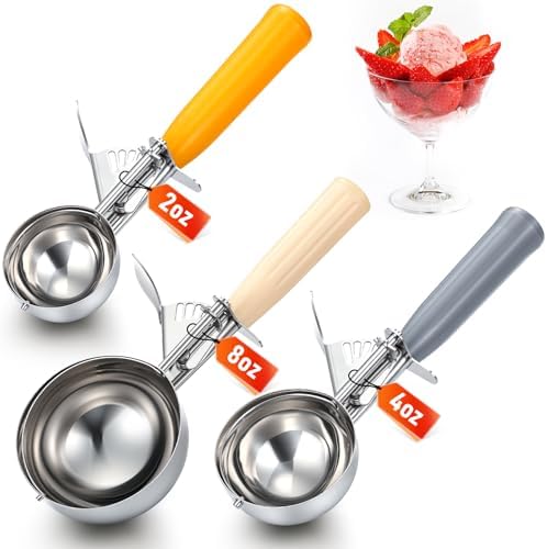 Reallnaive 3 Pcs Ice Cream Scooper with Trigger, 8+4+2 oz, 3 Colors