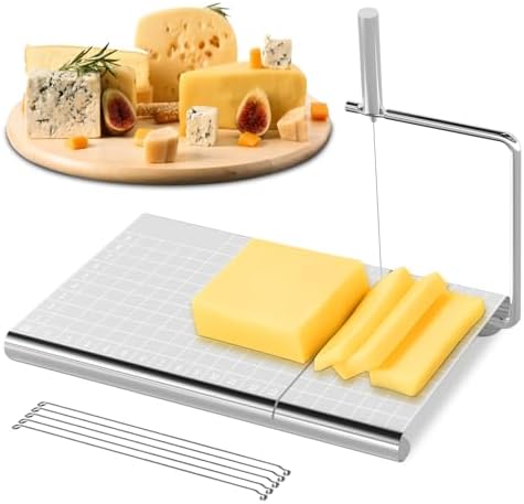 Stainless Steel Cheese Slicer with 5 Replacement Wires，with Measuring Grids，For Block Cheese, Butter, Sausages, Fruits Kitchen Gadget Cheese Cutting Board