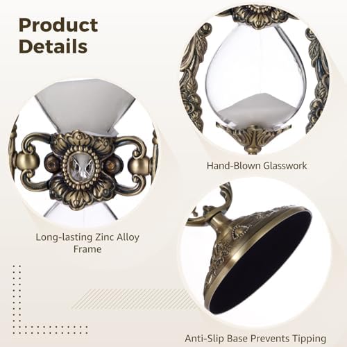Vintage Hour Glass, 15 Minute Sanduhr Timer Bronze Zinc Alloy Frame, Metal Base Glass Timer for Home Desk Office Weddin Kitchen