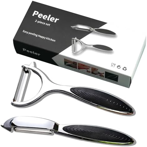 Zinc Alloy Vegetable Peeler Set, 2-Pack Y-Type and Straight Peelers with Black Flat Blades & Non-Slip Handle, Multi-Purpose Kitchen Fruit Potato Carrot Peeler for Efficient Peeling