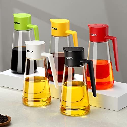 CCKO Glass Olive Oil Dispenser Bottle 19oz Olive Oil Bottle for Kitchen, Auto Flip Drip Free Cooking Oil Dispenser for Soy Sauce, Syrup, Vinegar, Salad Dressing Container (White)