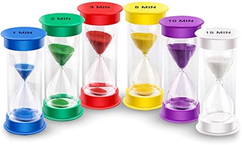 EMDMAK Sand Timer, Acrylic Hourglass Colorful Sandglass Timer 1 min/2 mins/3 mins/5 mins/10 mins/15 mins Sand Clock Timer for Games Classroom Home Office(Pack of 6)