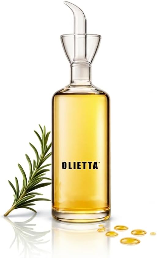 Olive Oil Dispenser Bottle 8.5 fl oz - Borosilicate Glass Non-Drip Pourer | Olietta Ground-Glass Seal, Leakproof Airtight, Dishwasher Safe, Oil Bottle for Kitchen, Table, Vinegar Drizzler, Easy Clean