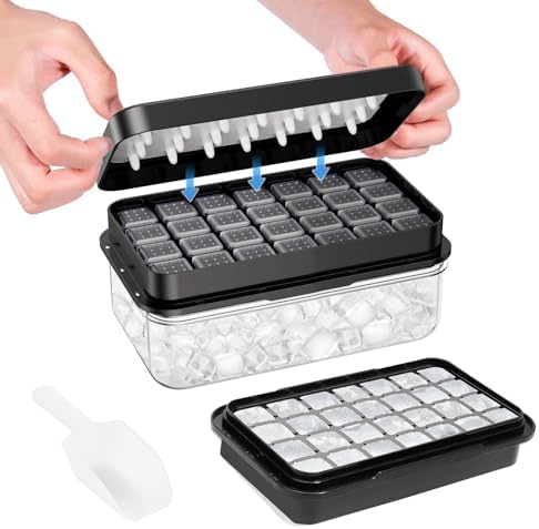 PHINOX Ice Cube Tray with Lid and Bin, Easy Release 28 Cubes for Freezer