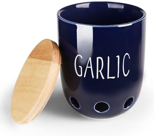 Ceramic Garlic Saver Container with Wood Lid (Navy)