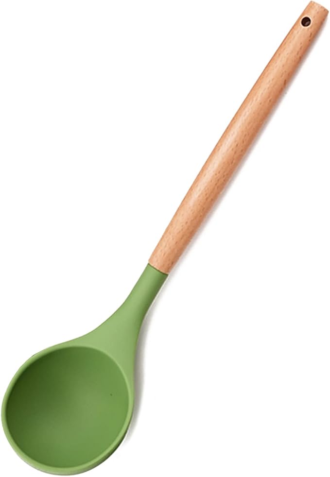 1pcs Avocado Green Silicone Cooking Utensils Heat Resistant Deep Soup Ladle with Wooden Handle, Nonstick Serving Scoop for Sauce, Soup, Stew, Chili, Salad Dressing, Sauce Spoon.