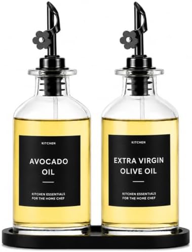 Olive Oil Dispenser for Kitchen, 2-Pack 12oz Glass Bottle with Labels