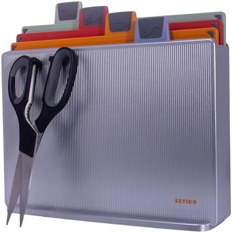 4-Piece Non-Toxic Cutting Board Set 12"L x 9"W with Premium Scissors and Holder (Tall Silver)