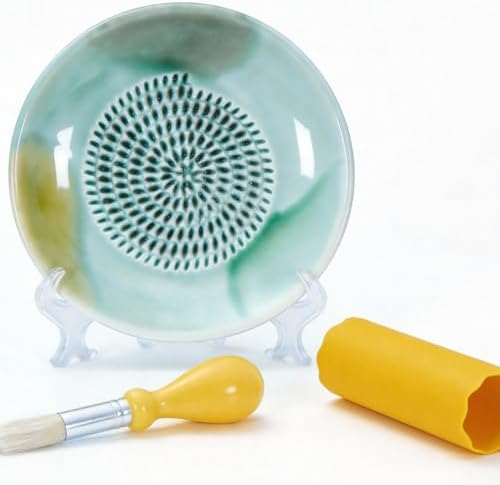 BIINONE All-in-One Ceramic Garlic Grater Plate 4-Piece Set - For Garlic, Ginger, Chocolate and Frozen Fruit-Comes with Peeler Brush and Stand