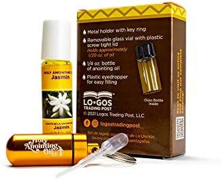 Jasmin Anointing Oil from Israel Boxed Gift Set with Dispenser, Holy Jerusalem Oil & Gold Metal Keychain Bottle Container, Plastic Dropper & Small Glass Vial, Aceite Ungido y Botella
