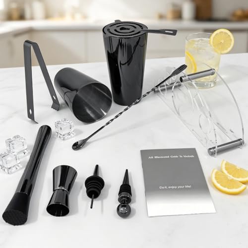 9-Piece Cocktail Shaker with Stand, 25oz Bartender Kit, Cocktail Shaker with Strainer Set, Boston Shaker Set, Bar Set Jigger for Bartending Drink Mixer Set, Cocktail Set Recipes (Black-25/20oz)