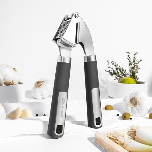 Anthill Premium – Heavy Duty Garlic Press - Stainless Steel – Rust proof – Dishwasher Safe – Garlic Mincer tool – Easy-Clean with Soft Grip Handle – Strong and Durable – Press Garlic with ease (Grey)
