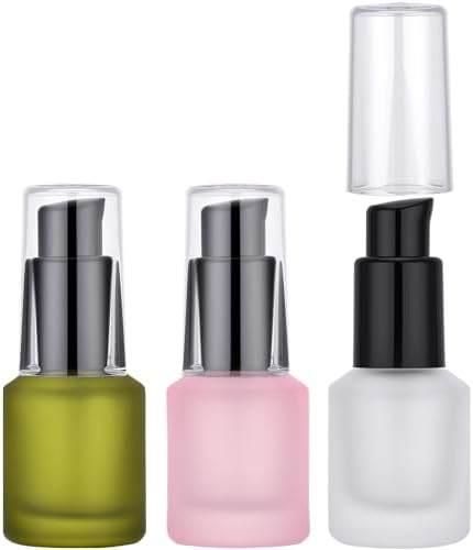 Segbeauty 0.5oz Frosted Glass Lotion Bottle Empty, 3pcs Travel Lotion Container, 15ml Refillable Glass Travel Bottles for Toiletries, Hair Oil Bottles, Mini Size Skincare Cream Pump Bottle Mixed Color