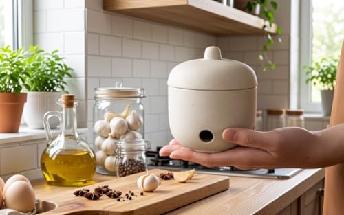 Ceramic Garlic Keeper,Garlic Storage with Lid,Garlic Holder,Beige,Small