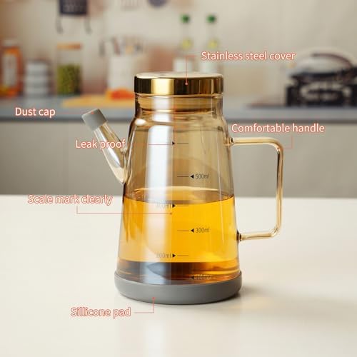 Glass Oil and Vinegar Dispenser with Stainless Steel Lid, No Drip Kitchen 20Oz Liquid Container, Large Cruet (Champagne, 600ml)
