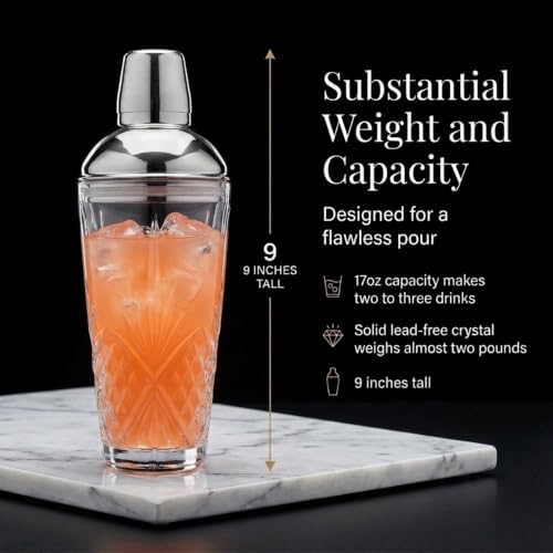 Godinger Dublin Crystal Cocktail Shaker with Lid - Glass Martini Shaker, Drink Shaker for Home Bar, Bartender Gift, 17oz