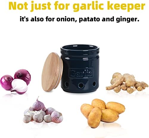 ONTUBE Garlic Keeper with Wooden Lid, 4.5-Inch Ceramic Garlic Holder 24oz (Navy)