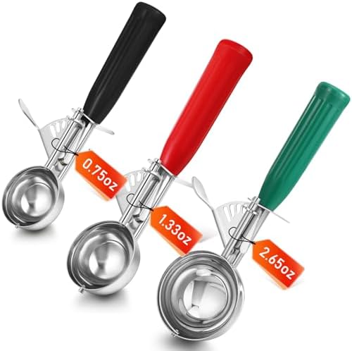 Reallnaive 3 Pcs Ice Cream Scooper with Trigger, 2.65+1.33+0.75oz, 3 Colors