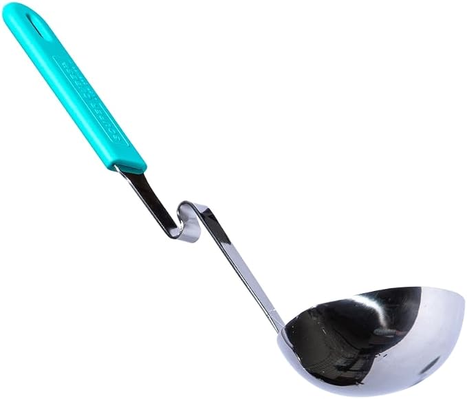 Souper Cubes + Lori Greiner No Mess Stainless Steel Soup Ladle with Silicone Handle - Metal Soup Ladle with No Mess Design That Hooks on Side of Any Pot - Aqua