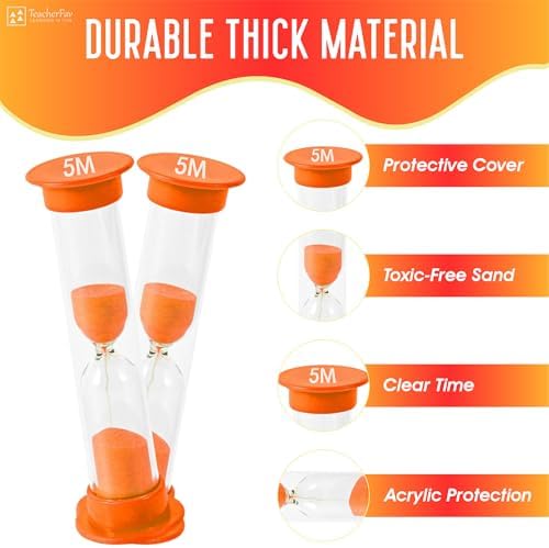 Sand Timer for Kids - 5 Minute Set of 4 Hour Glass - Orange Color- Acrylic Covered for Classroom, Home & Kids Room