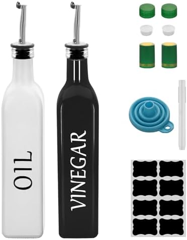 White & Black Olive Oil Dispenser Bottle,2 Pcs 17oz 500ml Glass Oil and Vinegar Dispenser Set with 2 Stainless Steel Pourers, 8 Labels,Funnel Oil Bottles for Kitchen
