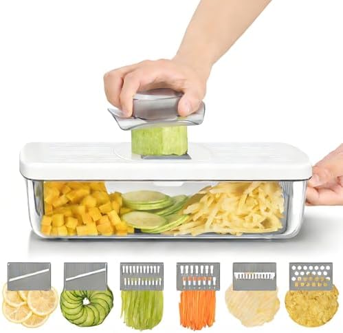 6-in-1 Vegetable Chopper Mandoline Slicer with 6 Blades & Container, Onion Cutter Dicer, Kitchen Gadgets & Essentials for Food Prep