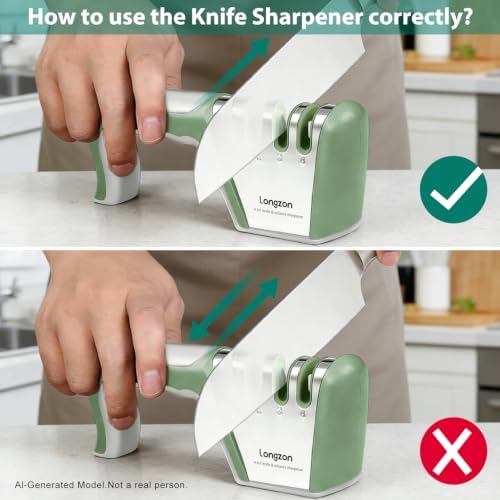 Longzon 5-in-1 Knife Sharpener 4 Stage with Cut-Resistant Glove, Gray+Green