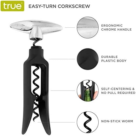 True Self Pulling Corkscrew Wine Opener, Durable Plastic with Easy Turn Chrome Handle, Wine Bottle Opener for Bartenders, Home Bar Tools, Bar Cart Accessories, Kitchen Essentials, Set of 1, Black
