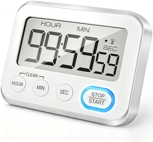 Digital Kitchen Timer Magnetic Loud Alarm, Large LCD Screen Silent/Beeping Multi-Function for Teachers Classroom Kids, Silver